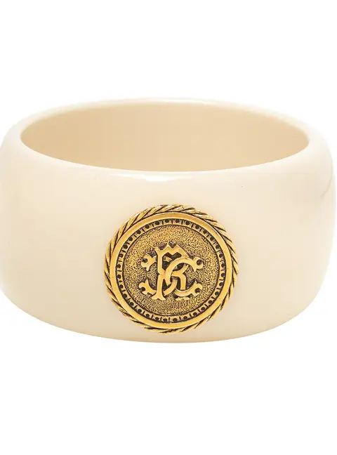 Roberto Cavalli Cream Resin Logo Medallion Wide Bangle Bracelet