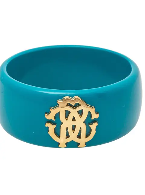 Roberto Cavalli Teal Blue Logo Wide Bangle Bracelet