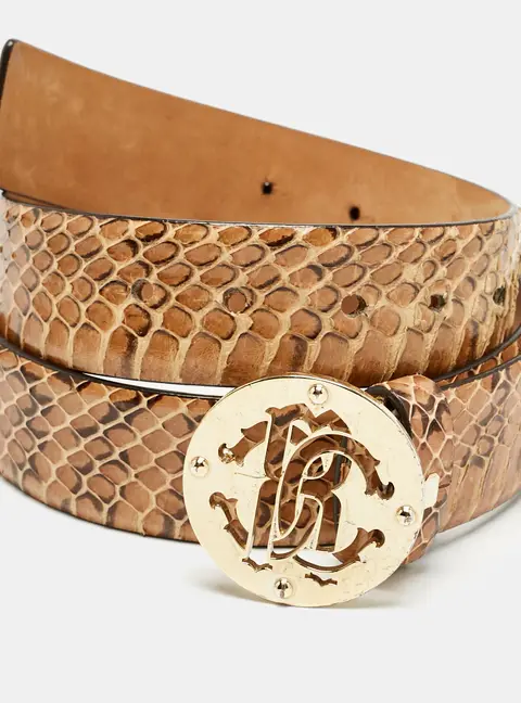 Roberto Cavalli Beige Snakeskin RC Logo Round Buckle Belt 95CM