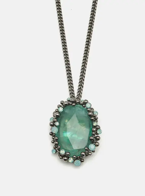 Roberto Cavalli Green Crystal Gunmetal Tone Pendant Necklace
