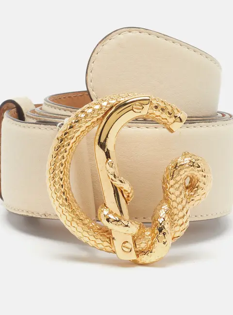 Roberto Cavalli Snake 90 CM Buckle Belt Cream Leather