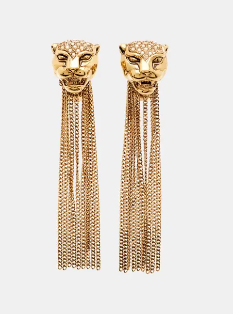 Roberto Cavalli Panther Crystal Gold Tone Tassel Drop Earrings