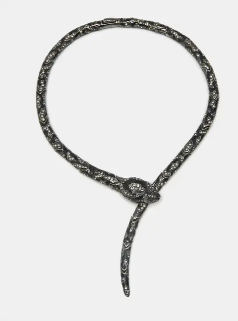 Roberto Cavalli Snake Black Enamel  Crystal Gunmetal Tone Collar Necklace