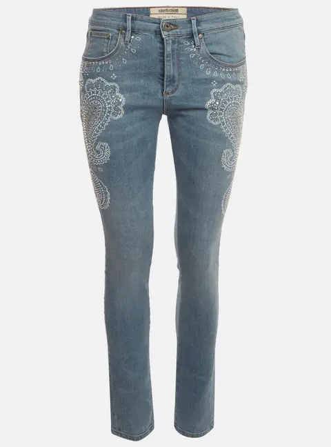 Roberto Cavalli Blue Paisley Crystal Embellished Denim Jeans M/Waist 28"
