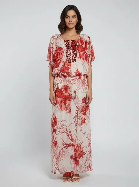 Roberto Cavalli Red/White Embellished Coral Reef Print Silk Sheer Kaftan S