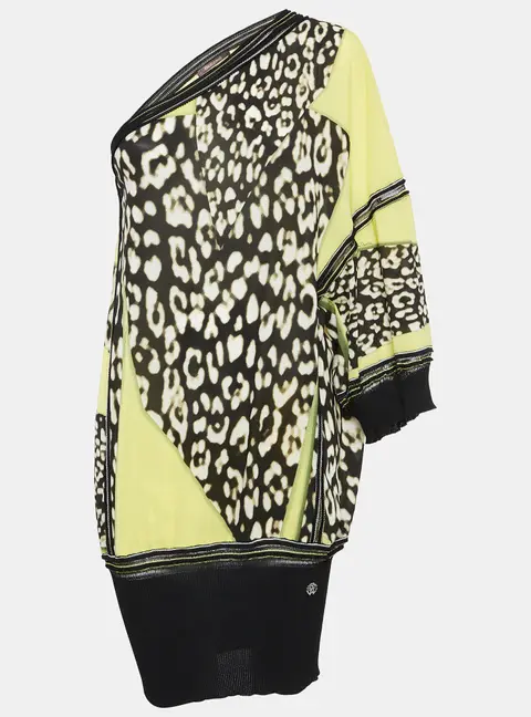 Roberto Cavalli  Yellow Printed Silk One Shoulder Top M