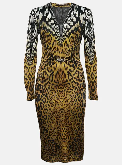 Roberto Cavalli Black Leopard Print V-Neck Midi Dress M