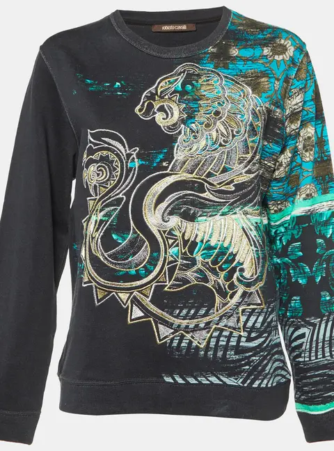 Roberto Cavalli Black Embroidered & Printed Cotton Sweatshirt M