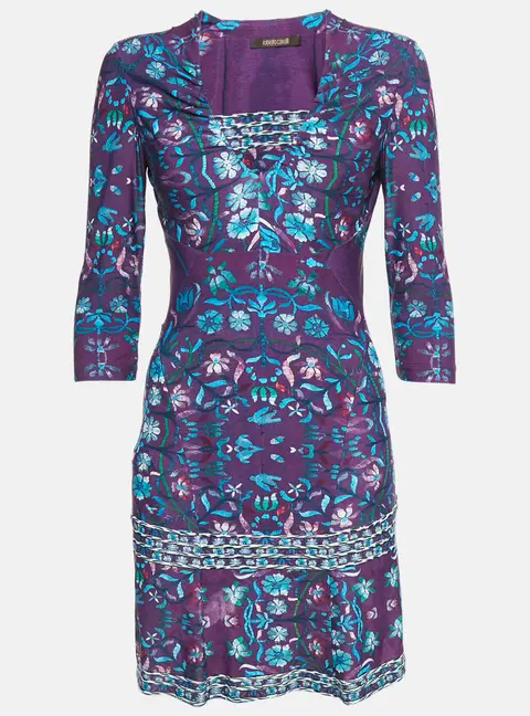 Roberto Cavalli Purple Floral Print Jersey V-Neck Mini Dress M