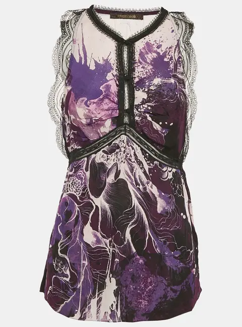 Roberto Cavalli Purple/Multicolor Printed Lace Trim Detail Top S