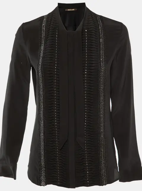 Roberto Cavalli Black Silk Studded Neck Tie Detail Shirt S