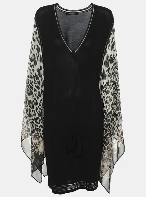 Roberto Cavalli Black Jersey and Animal Print Silk Dress L