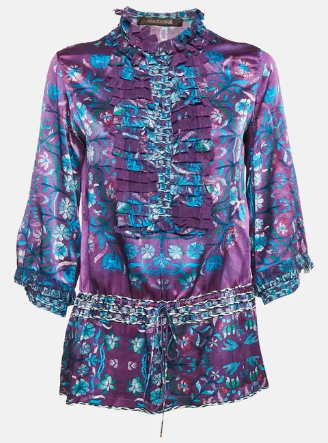 Roberto Cavalli Purple Floral Print Silk Ruffled Top M