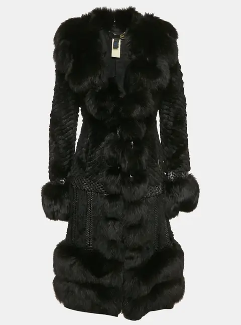 Roberto Cavalli Black Real Fur and Leather Mid-Length Coat S