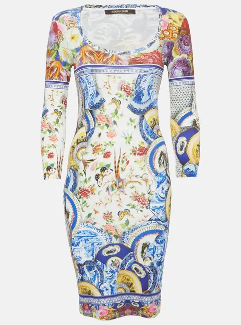 Roberto Cavalli Multicolor Printed Jersey Round Neck Short Dress S