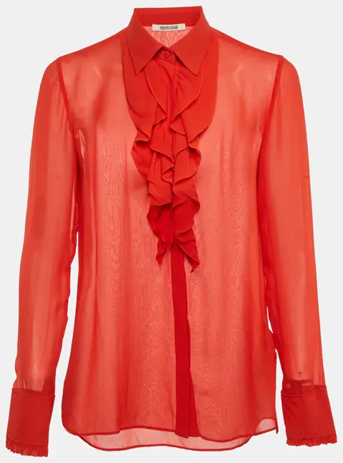 Roberto Cavalli Red Silk Chiffon Ruffle Neck Sheer Shirt S