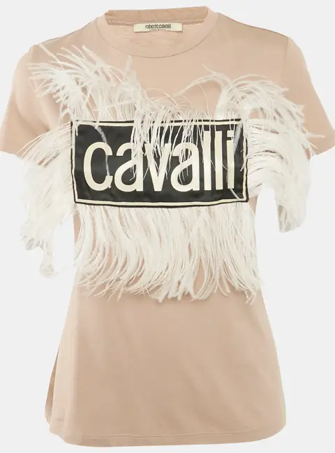 Roberto Cavalli Beige Cotton and Modal Faux Feather Detail T-Shirt XS