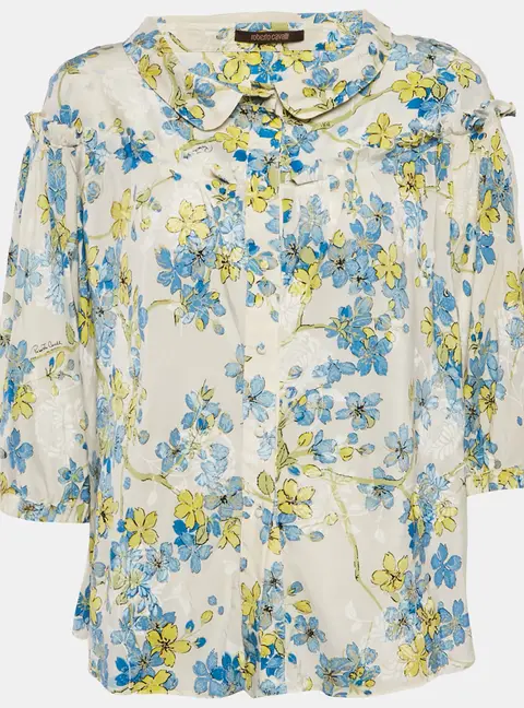 Roberto Cavalli White/Blue Floral Print Silk Ruffled Blouse M
