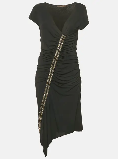 Roberto Cavalli Black  Jersey Embellished Ruche Jersey Mini Dress L