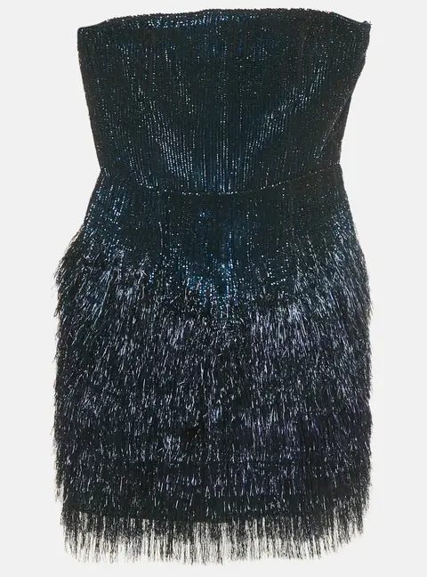 Roberto Cavalli Blue Sequin and Lurex Fringed Strapless Mini Dress S