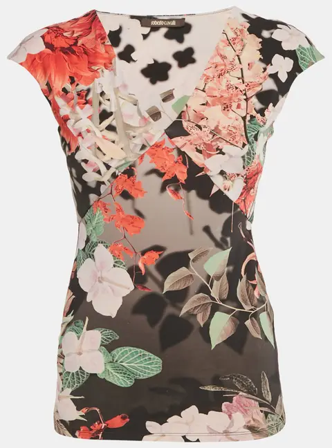 Roberto Cavalli Multicolor Floral Print Jersey V-Neck Top S