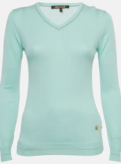 Roberto Cavalli Blue Cotton Knit V-Neck Sweater M