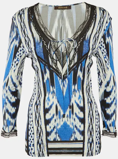 Roberto Cavalli Blue/Black Printed Jersey Lace Detail Top M