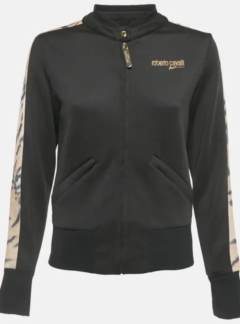 Roberto Cavalli Sport Black Animal Print Trim Crepe Zip Up Jacket S