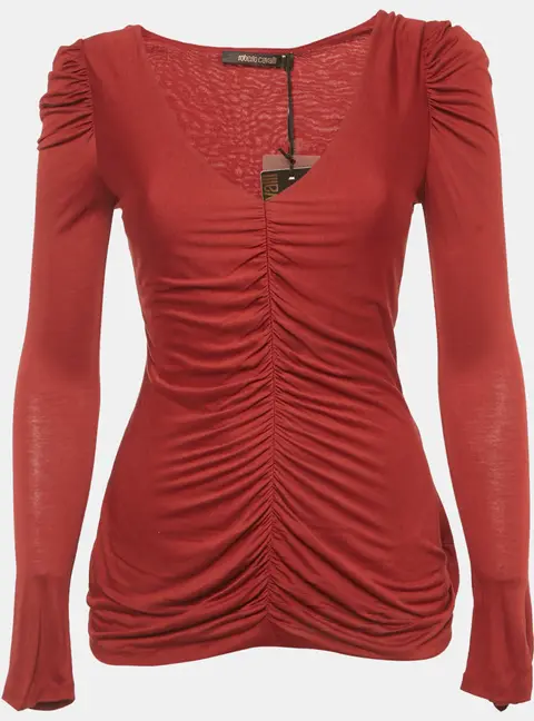 Roberto Cavalli Red Ruched Jersey Long Sleeve Top S