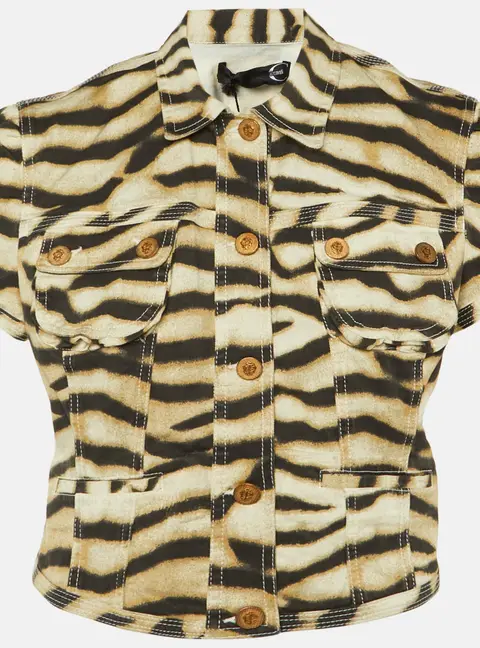 Roberto Cavalli Beige Animal Printed Stretch Cotton Crop Jacket M