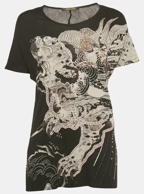 Roberto Cavalli Black Printed Stud Detail Jersey T-Shirt M