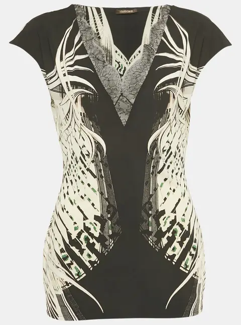 Roberto Cavalli Black /White Printed Lace Detail Jersey Top L