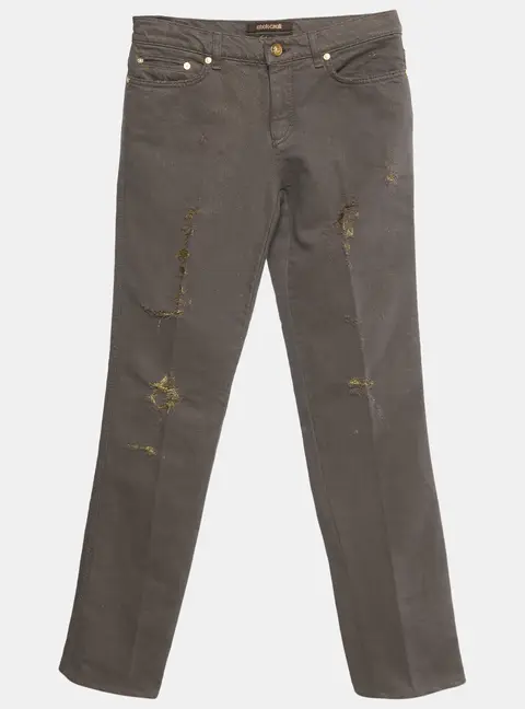 Roberto Cavalli Brown & Gold Denim Distressed Straight Leg Jeans S Waist 27"