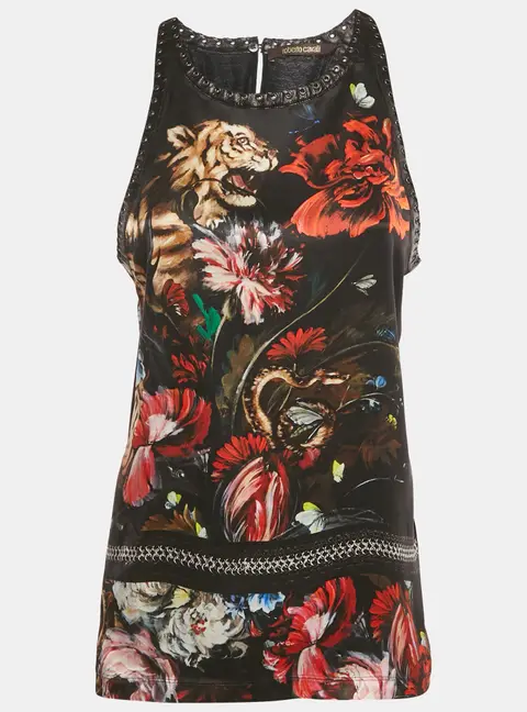 Roberto Cavalli Black Floral Print Silk Lace-up Leather Tank Top M