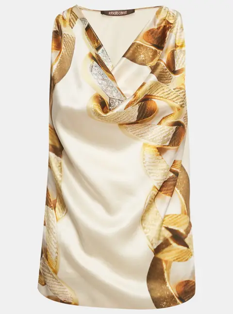 Roberto Cavalli Beige Printed Silk Cowl Neck Sleeveless Blouse S