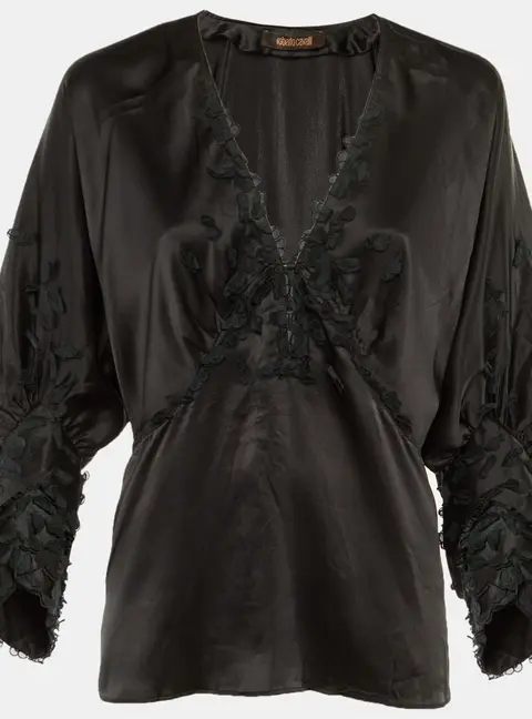 Roberto Cavalli Black Silk Floral Applique Detail Blouse M