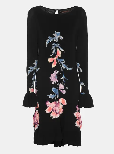 Roberto Cavalli Black Floral Print Stretch Knit Mini Dress M