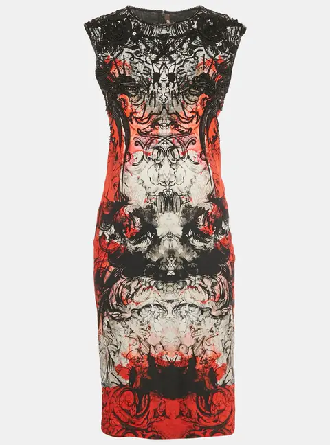 Roberto Cavalli Red/Black Print Crepe Beaded Sleeveless Dress M
