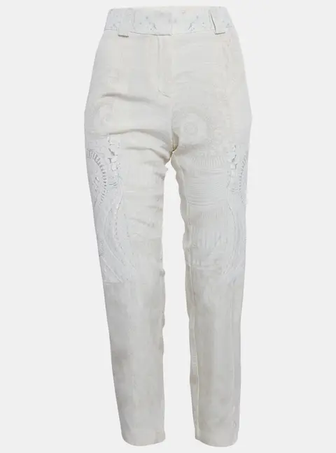 Roberto Cavalli Beige Printed Silk Slim Fit Trousers M