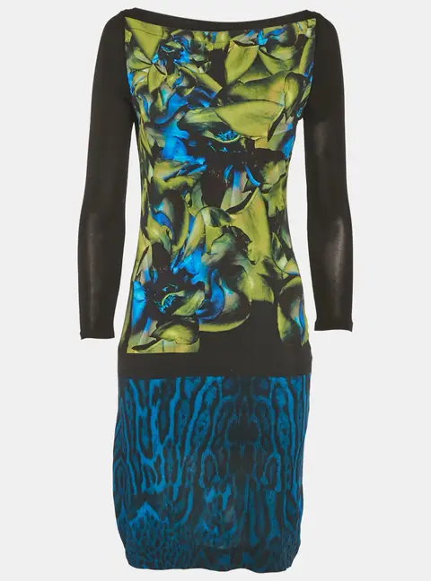 Roberto Cavalli  Black/Blue Printed Jersey Mini Dress S