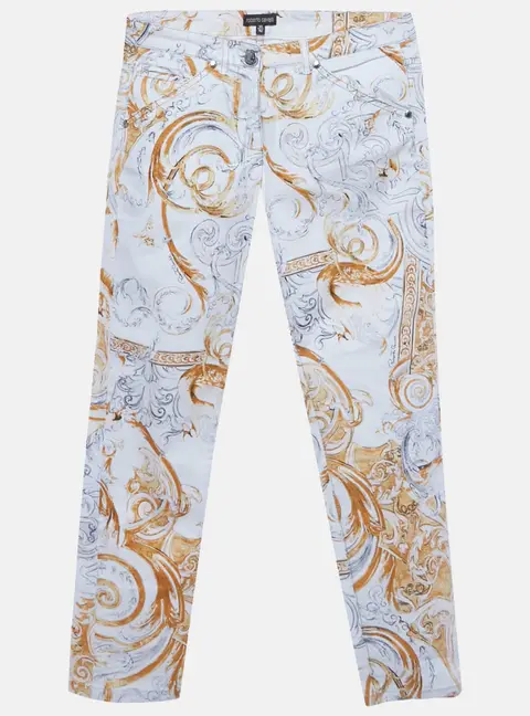 Roberto Cavalli White/Yellow Printed Cotton Skinny Jeans XS/Waist 28"