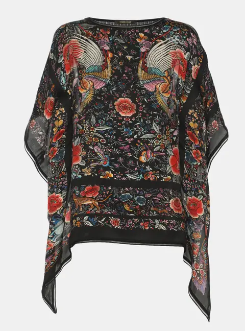 Roberto Cavalli Black Silk and Rib Knit Floral Print Top M