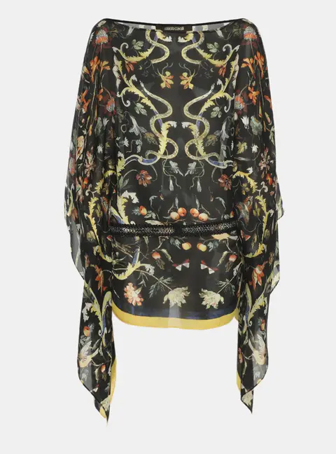 Roberto Cavalli Black Multicolor Floral Print Silk Belted Top S