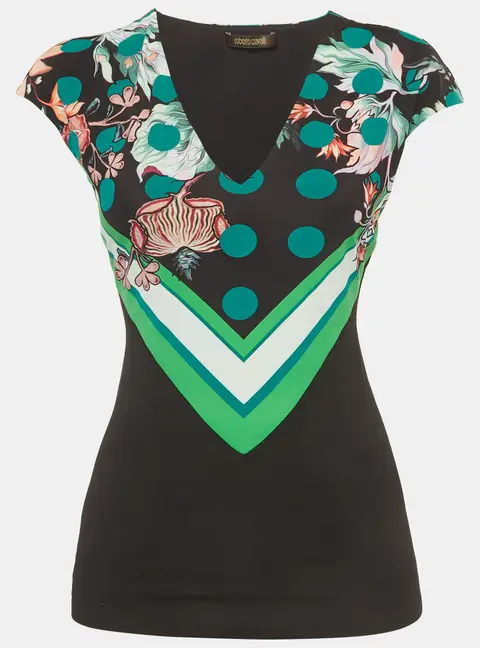 Roberto Cavalli Black Floral Print Jersey Cap Sleeve Top S