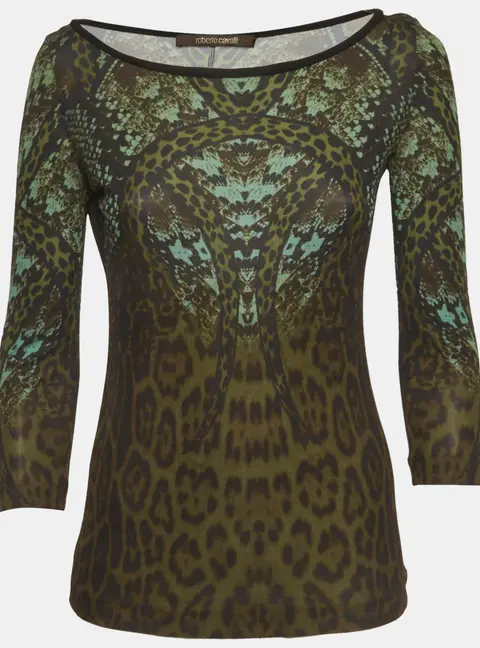 Roberto Cavalli Green Printed Jersey Top M