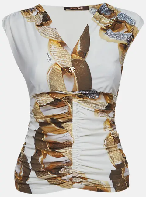Roberto Cavalli White Printed Jersey Ruche Top L