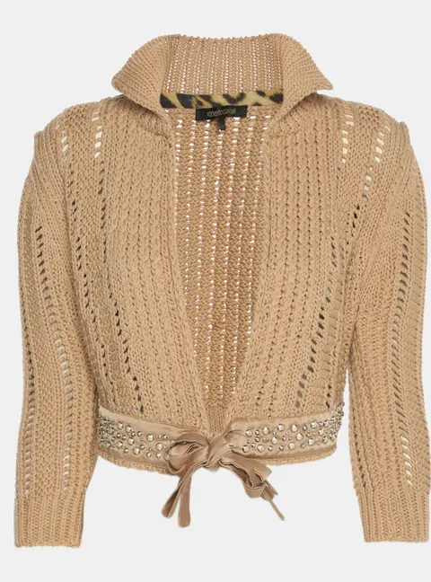 Roberto Cavalli Beige Crochet Cropped Cardigan M