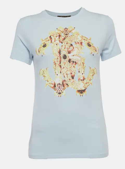 Roberto Cavalli Light Blue Graphic Print Jersey Crew Neck T-Shirt M
