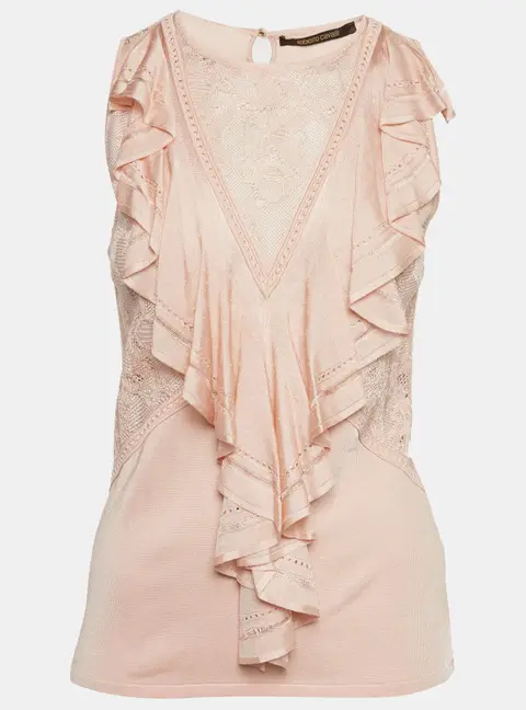 Roberto Cavalli Light Peach Stretch Knit Ruffle Crew Neck Top M