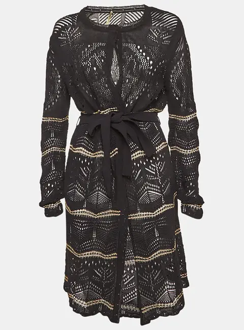 Roberto Cavalli Black Pointelle Knit Belted Cardigan L